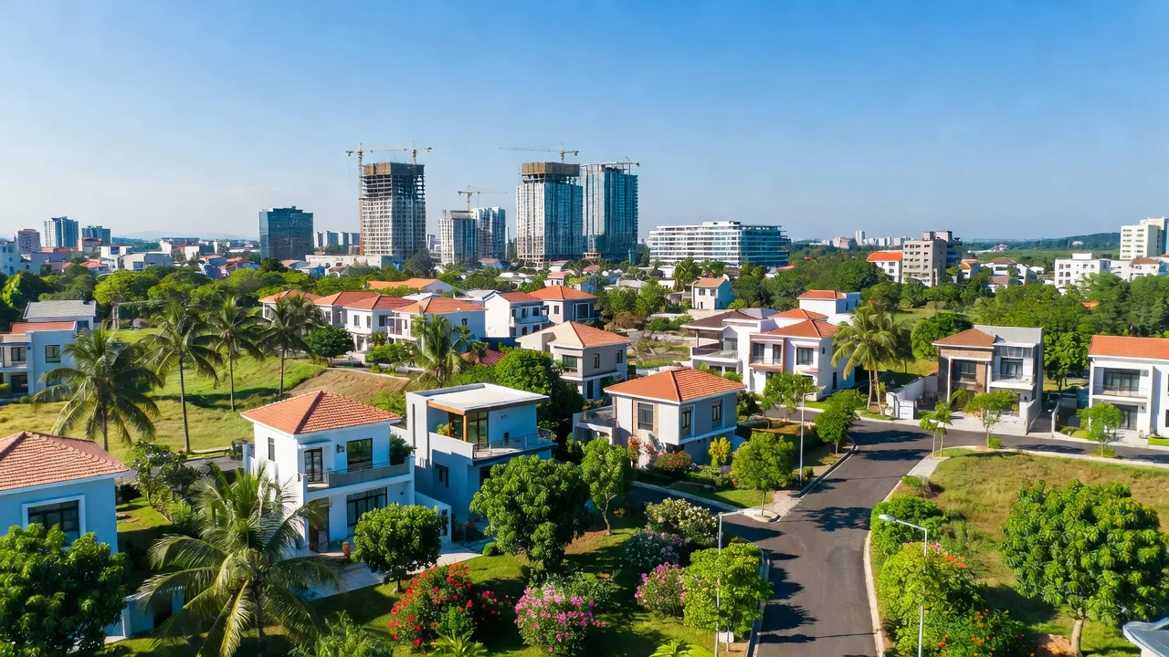 Cảnh quan Xã Hưng Long, huyện Bình Chánh, Thành phố Hồ Chí Minh, khu đô thị hiện đại với cây xanh.