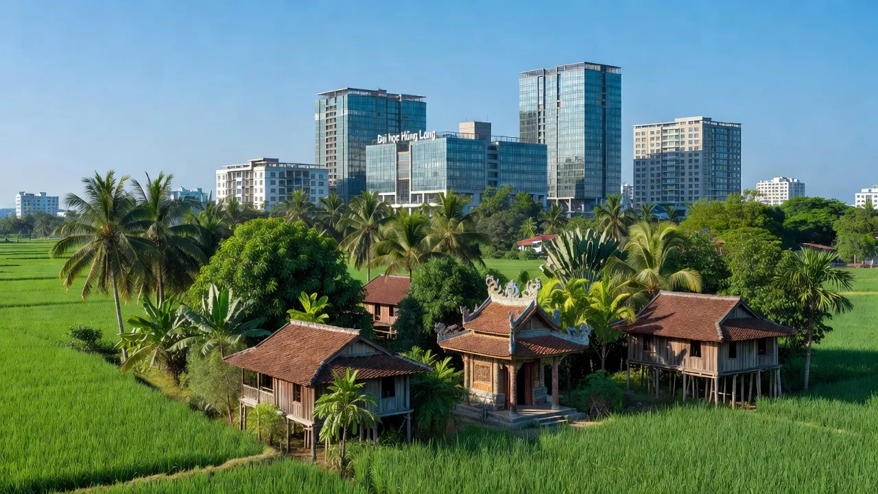 Khung cảnh bình yên Xã Hưng Long, huyện Bình Chánh với kiến trúc Việt Nam và khu đô thị hiện đại.