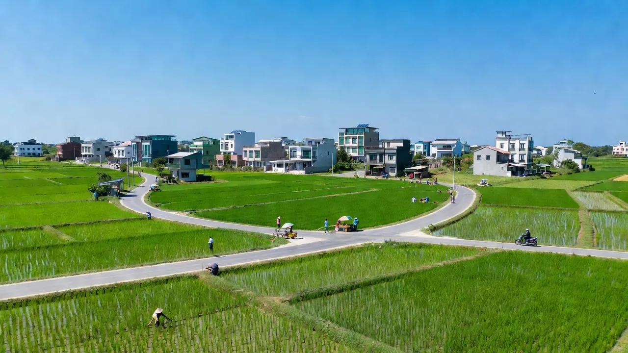 Cảnh quan xã Lê Minh Xuân, huyện Bình Chánh, với cánh đồng xanh và nhà hiện đại.