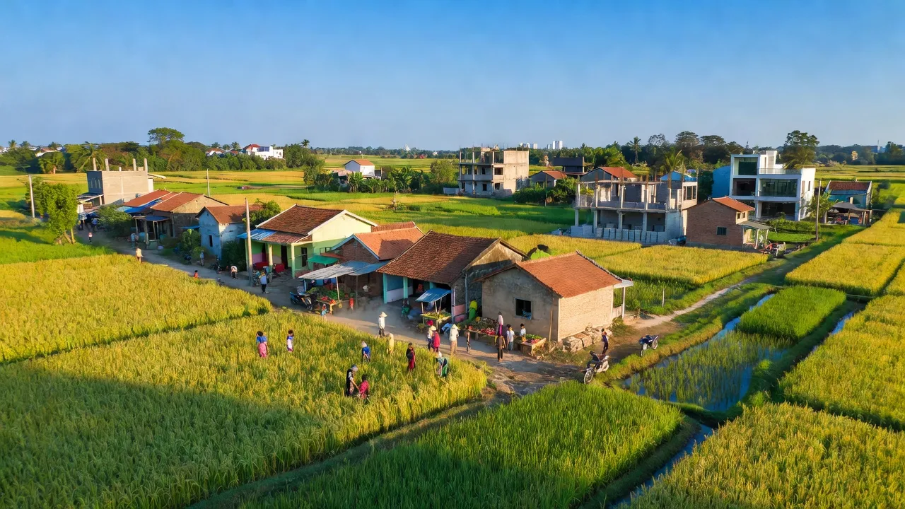 Cảnh quan xã Quy Đức, huyện Bình Chánh, với cánh đồng xanh và cuộc sống sôi động.
