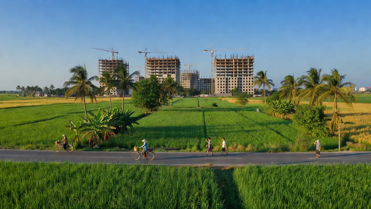 Cảnh quan xã Tân Kiên, huyện Bình Chánh, với đường phố, nhà cửa và cánh đồng xanh tươi.