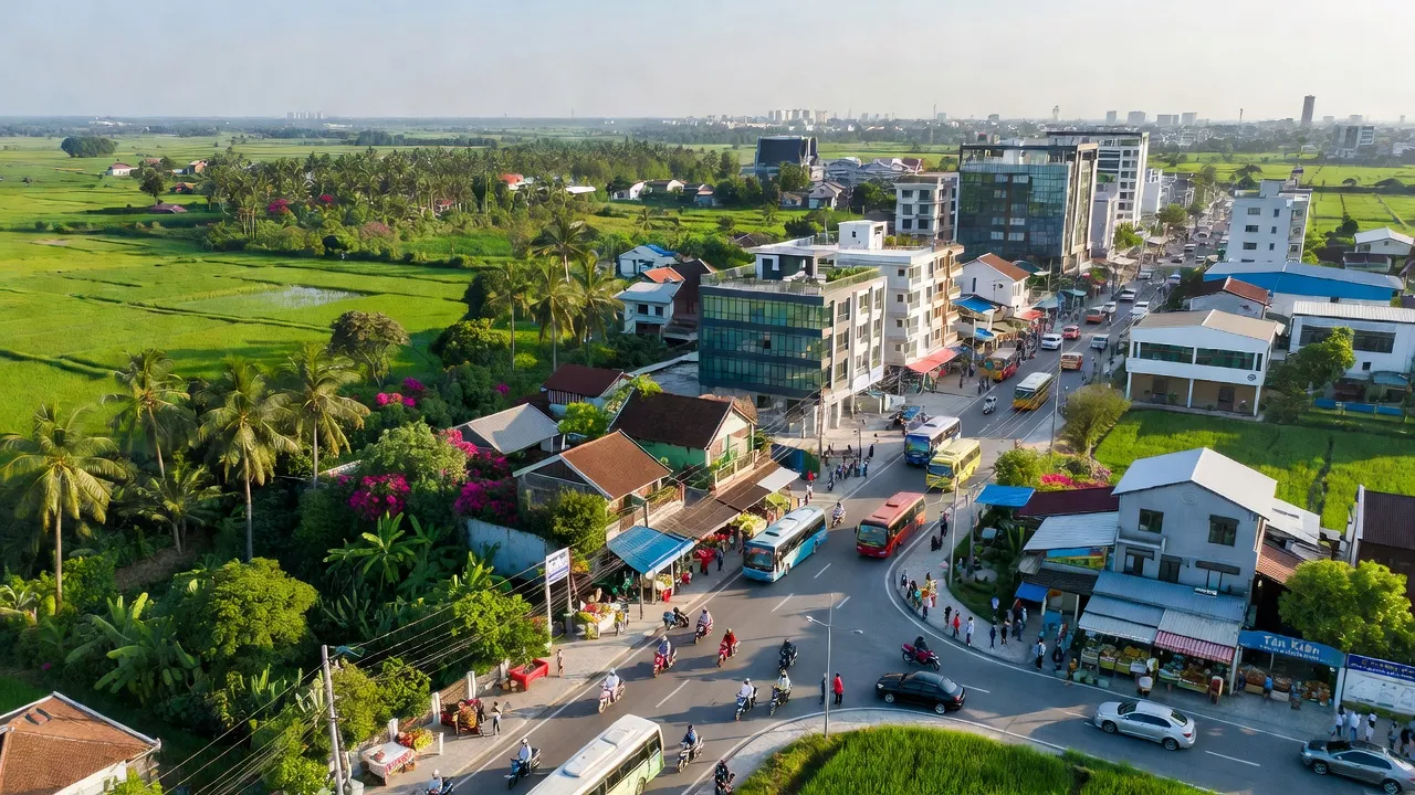 Khung cảnh xã Tân Kiên, huyện Bình Chánh, Thành phố Hồ Chí Minh với hạ tầng hiện đại và cảnh quan xanh.