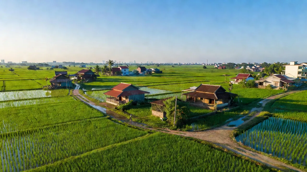 Khung cảnh Xã Tân Nhựt, huyện Bình Chánh, Thành phố Hồ Chí Minh với cánh đồng xanh tươi.