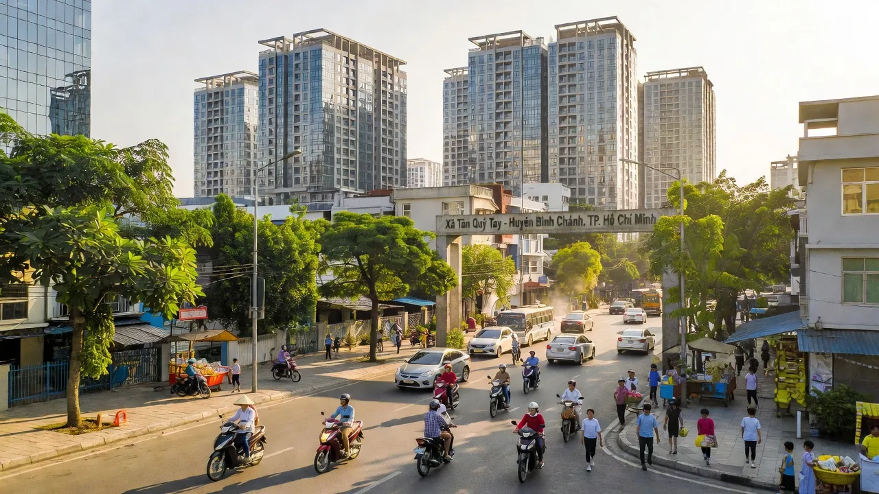 Khung cảnh Tân Quý Tây tại huyện Bình Chánh, Hồ Chí Minh, với phát triển đô thị và giao thông đông đúc.