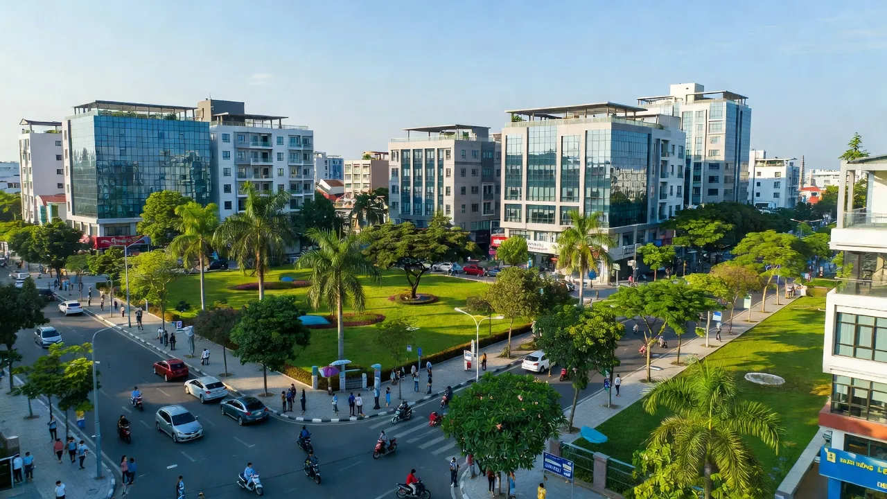 Cảnh quan thị trấn Tân Túc, huyện Bình Chánh, Thành phố Hồ Chí Minh, với kiến trúc hiện đại và cây xanh.