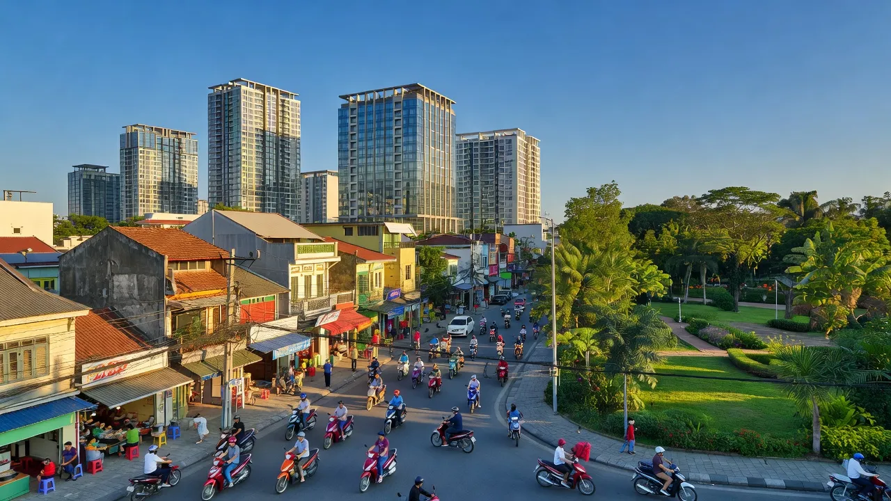 Khung cảnh thị trấn Tân Túc, huyện Bình Chánh, thành phố Hồ Chí Minh, với đô thị hóa và cuộc sống sôi động.