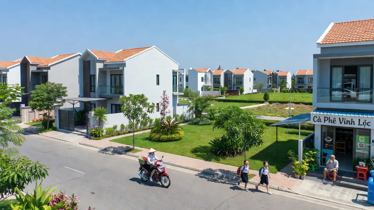 Khung cảnh xã Vĩnh Lộc A, huyện Bình Chánh, Thành phố Hồ Chí Minh với khu dân cư hiện đại và không gian xanh.