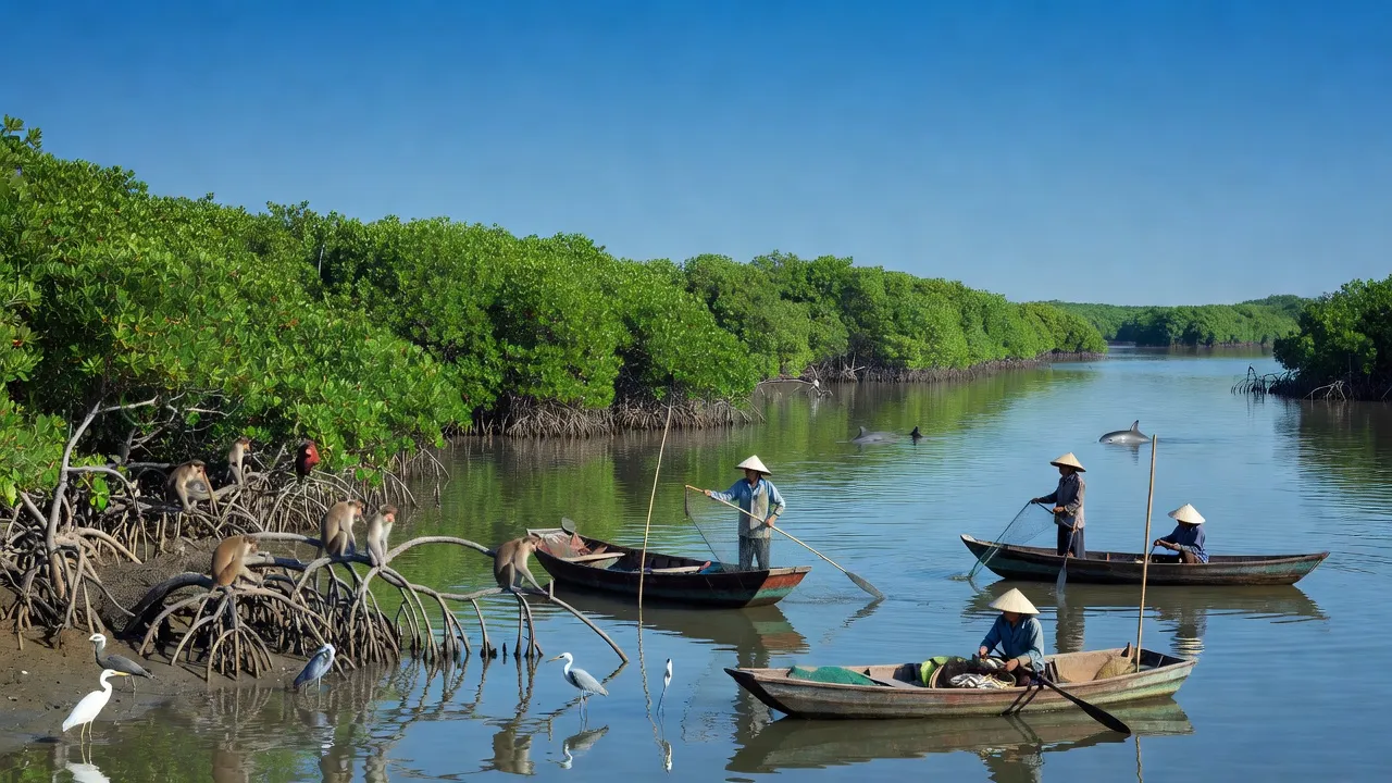 Cảnh biển tuyệt đẹp huyện Cần Giờ, Thành phố Hồ Chí Minh, với rừng ngập mặn và bầu trời trong xanh.