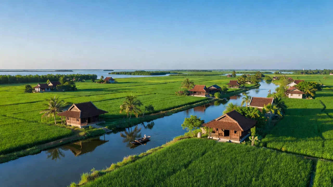 Khung cảnh thiên nhiên ở xã Bình Khánh, huyện Cần Giờ với ruộng xanh và nhà truyền thống.