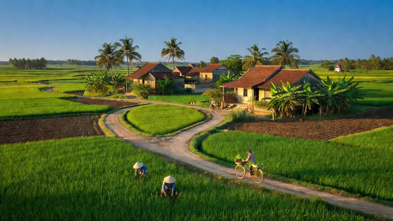 Khung cảnh huyện Củ Chi, Thành phố Hồ Chí Minh với cánh đồng xanh và nhà truyền thống.