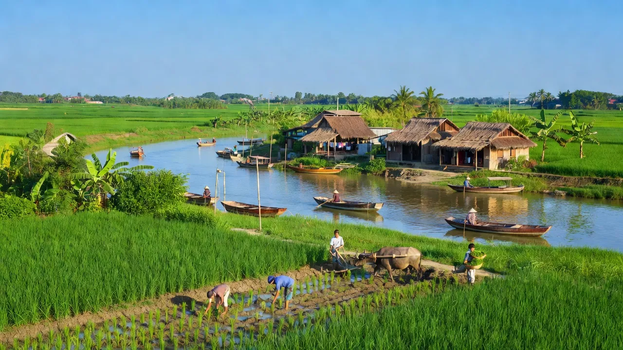 Cảnh sắc Xã An Phú, huyện Củ Chi, cây xanh, sông Sài Gòn và nhà truyền thống.