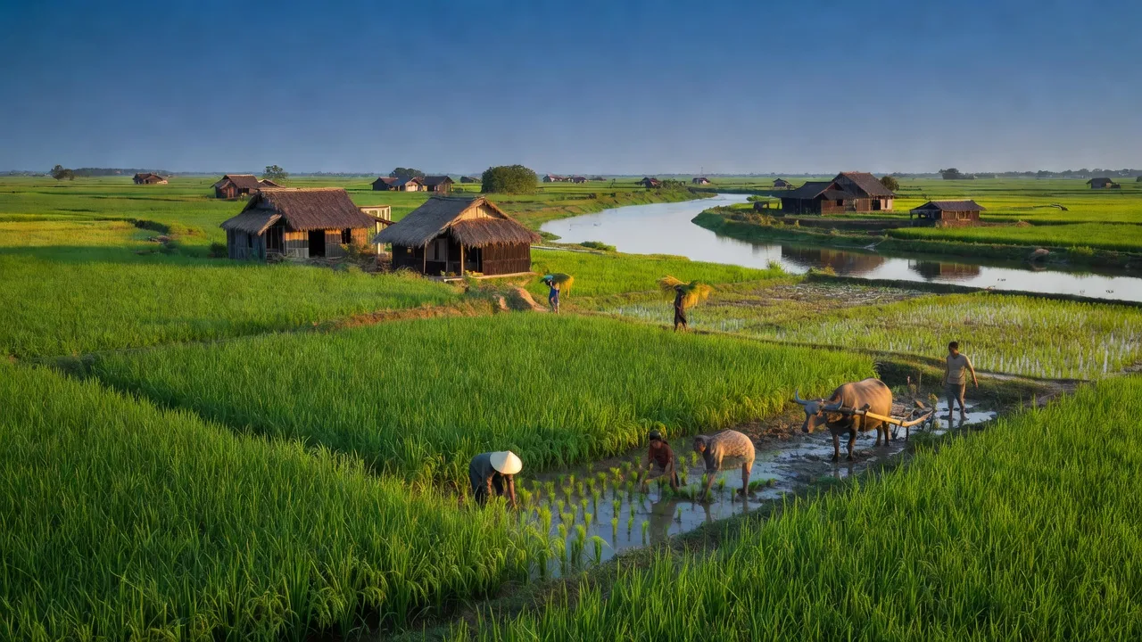 Cảnh sắc xã Bình Mỹ huyện Củ Chi, Thành phố Hồ Chí Minh với cánh đồng xanh và sông Sài Gòn.