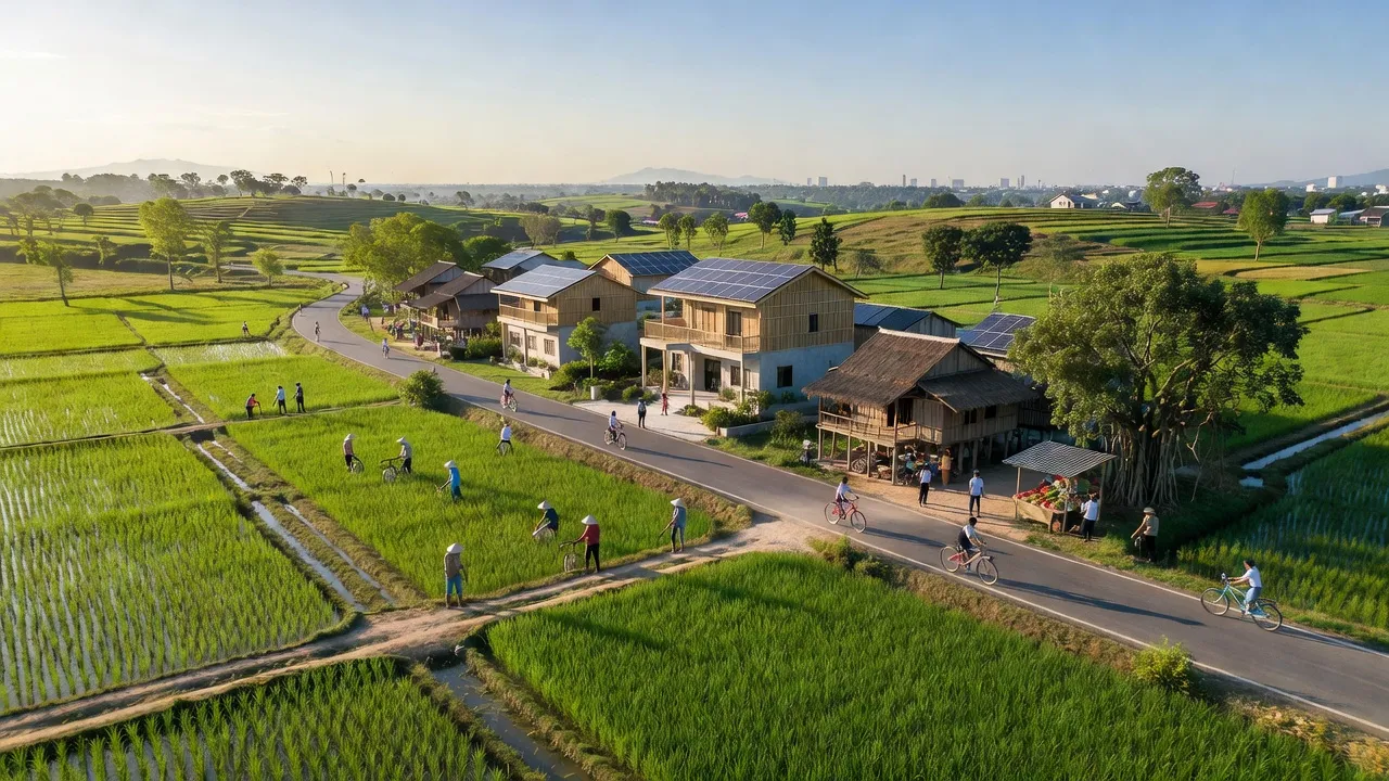 Khung cảnh xã Nhuận Đức, huyện Củ Chi, thành phố Hồ Chí Minh, với thiên nhiên và hạ tầng nông thôn.