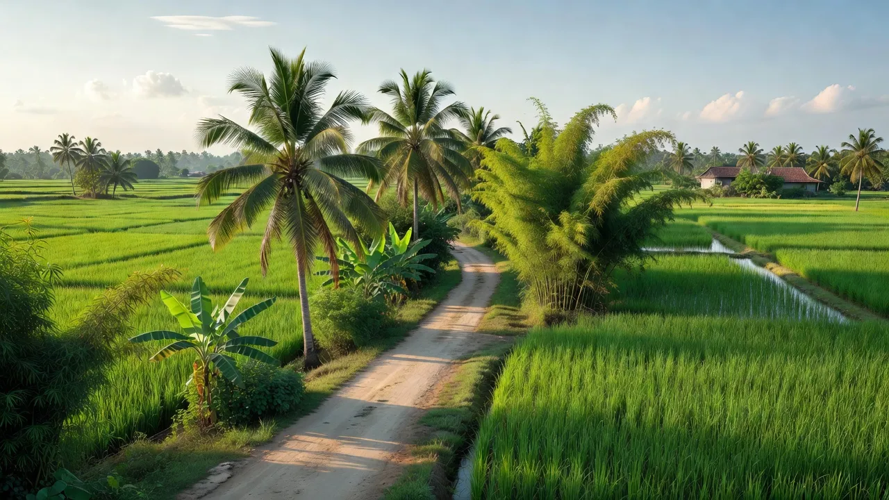 Cảnh nông thôn Xã Phú Hòa Đông, huyện Củ Chi, thành phố Hồ Chí Minh với ruộng và cây xanh.