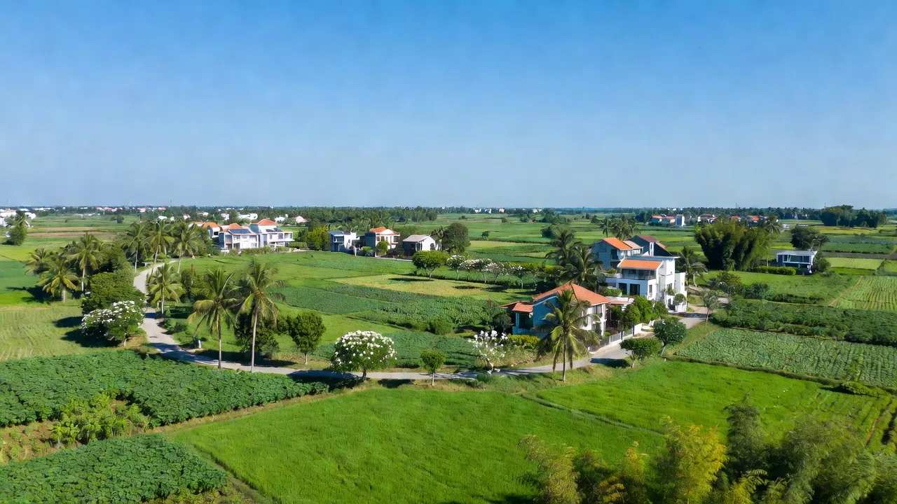 Xã Phú Hòa Đông, huyện Củ Chi, với cánh đồng xanh, nhà cửa hiện đại, trời trong sáng.