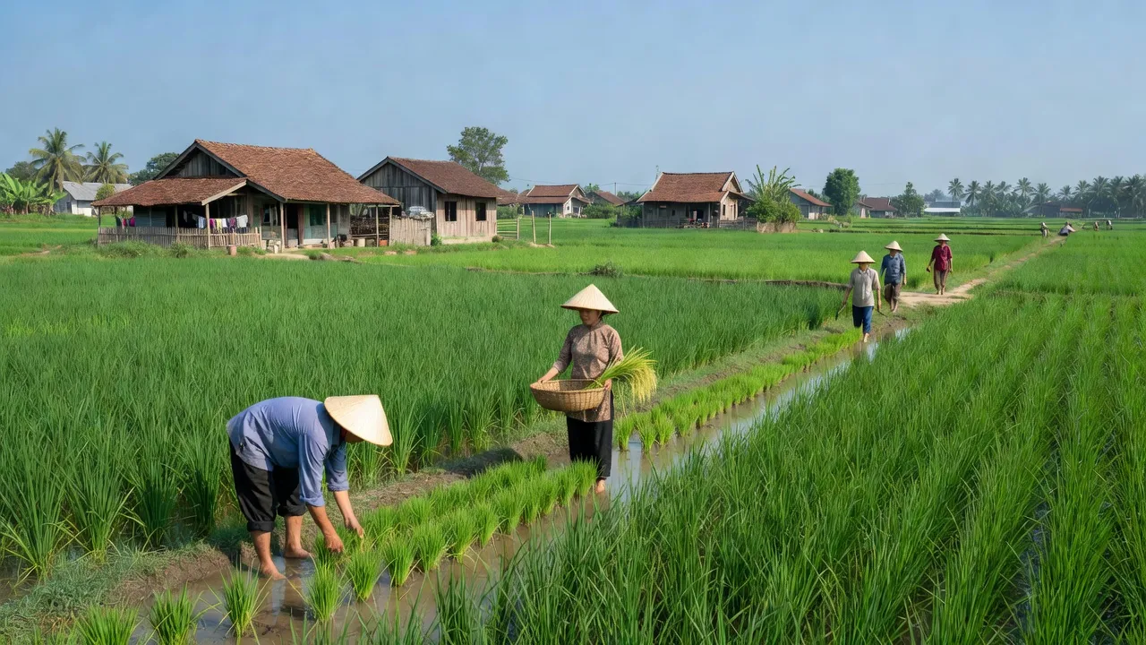 Cảnh quan nông thôn xã Phước Thạnh, huyện Củ Chi, thành phố Hồ Chí Minh với đồng lúa xanh tươi.