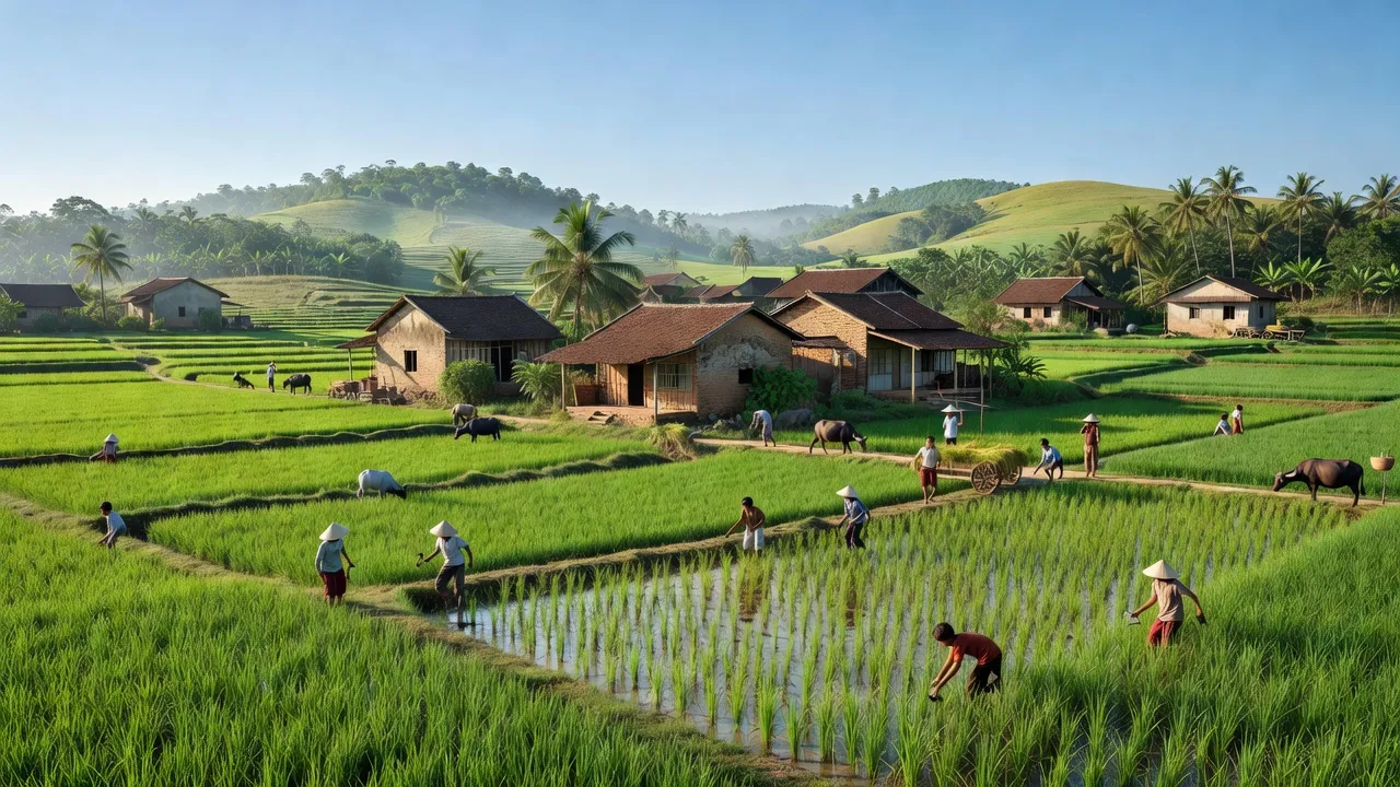 Cảnh đẹp xã Tân An Hội, huyện Củ Chi, thành phố Hồ Chí Minh với ruộng xanh và nhà truyền thống.