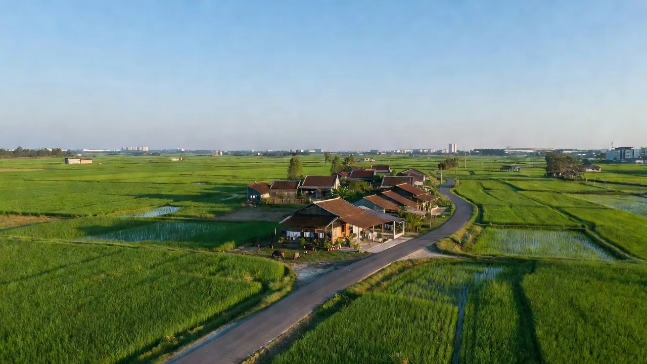 Cảnh quan xã Tân Phú Trung, Huyện Củ Chi với đồng xanh, nhà dân và đường giao thông.