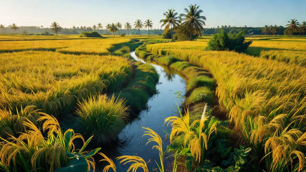 Cánh đồng lúa và con kênh ở xã Tân Thạnh Đông, huyện Củ Chi, Thành phố Hồ Chí Minh.
