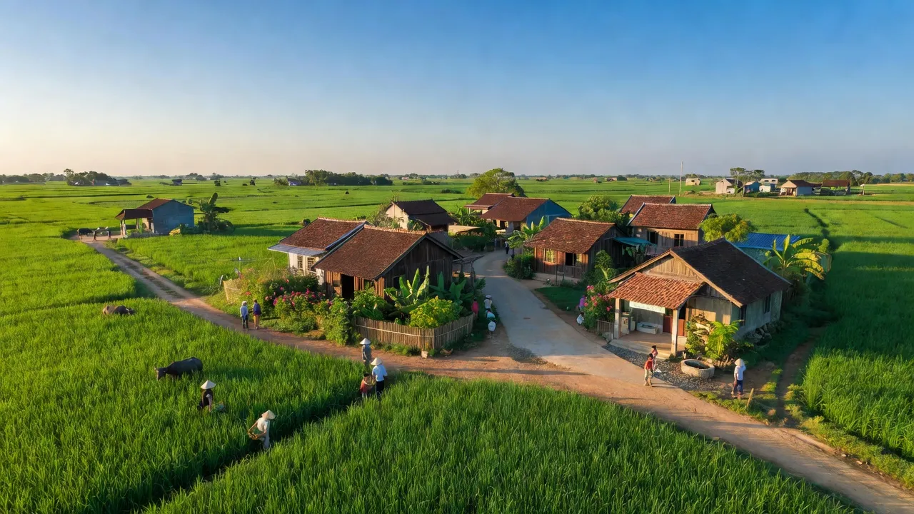 Khung cảnh xanh tươi ở xã Tân Thạnh Tây, huyện Củ Chi, Thành phố Hồ Chí Minh với nhà truyền thống.