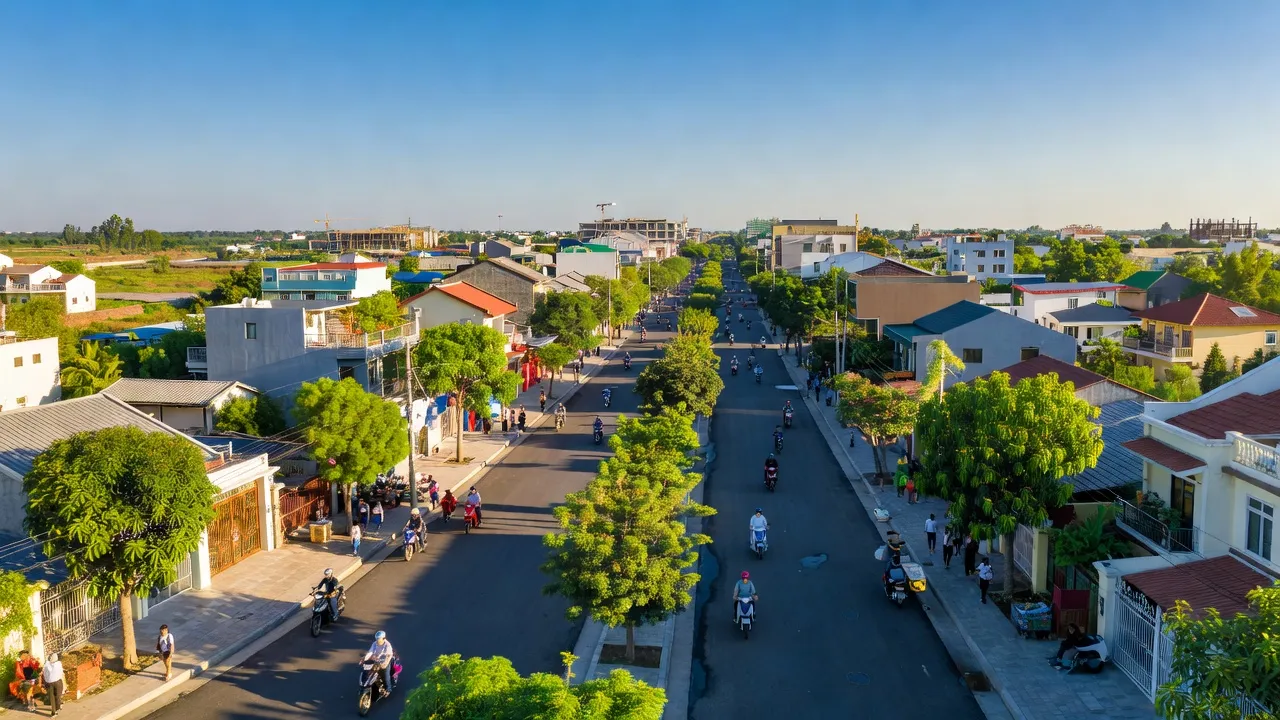 Cảnh quan xã Tân Thông Hội, huyện Củ Chi, Thành phố Hồ Chí Minh với nhà cửa và cây xanh.