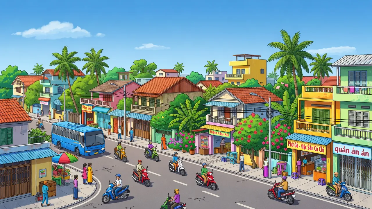Tân Thông Hội, Củ Chi, Thành phố Hồ Chí Minh, khu dân cư sầm uất, cảnh quan xanh tươi, giao thông nhộn nhịp.