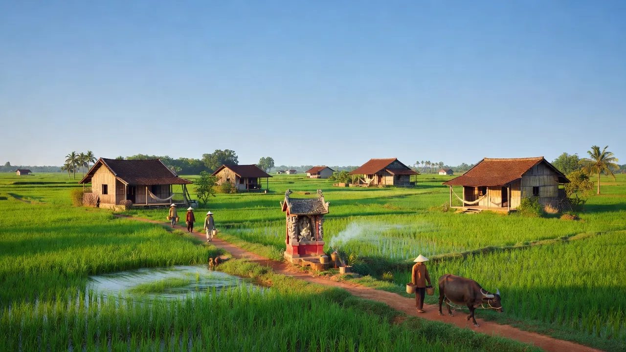 Cảnh sắc nông thôn xã Thái Mỹ, huyện Củ Chi, Thành phố Hồ Chí Minh, bầu trời trong xanh và cánh đồng xanh.