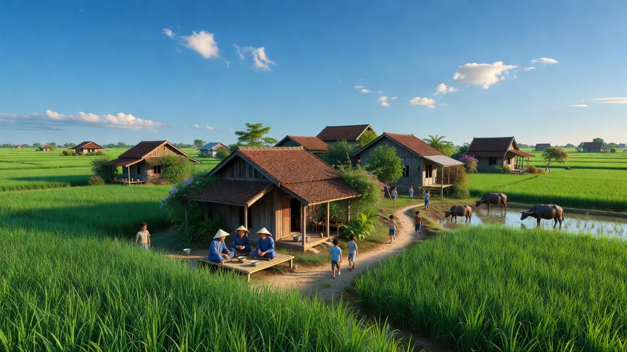 Cảnh đẹp ở xã Trung An, huyện Củ Chi với đồng lúa xanh và nhà truyền thống Việt Nam.