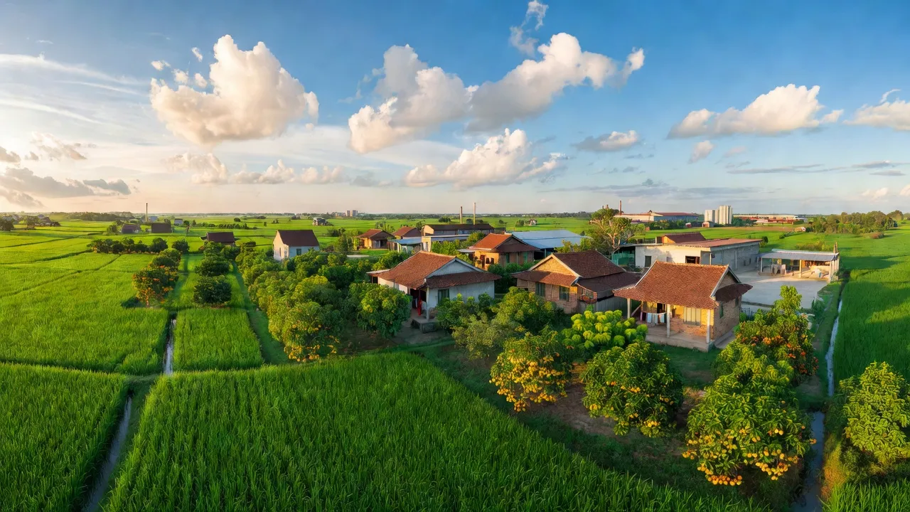 Khung cảnh nông thôn xã Trung Lập Hạ, Củ Chi, cánh đồng xanh và vườn cây trái cây.