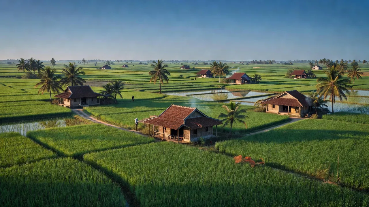 Khung cảnh nông thôn xã Trung Lập Thượng, huyện Củ Chi, Thành phố Hồ Chí Minh, với cánh đồng lúa và nhà truyền thống.