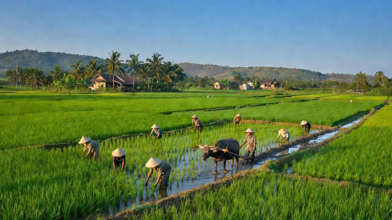 Khung cảnh yên bình tại xã Trung Lập Thượng, huyện Củ Chi với cánh đồng xanh và trời trong.