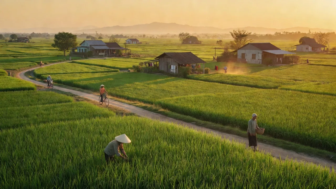 Cảnh quan huyện Hóc Môn, Thành phố Hồ Chí Minh, với cánh đồng xanh và người dân sinh hoạt hàng ngày.