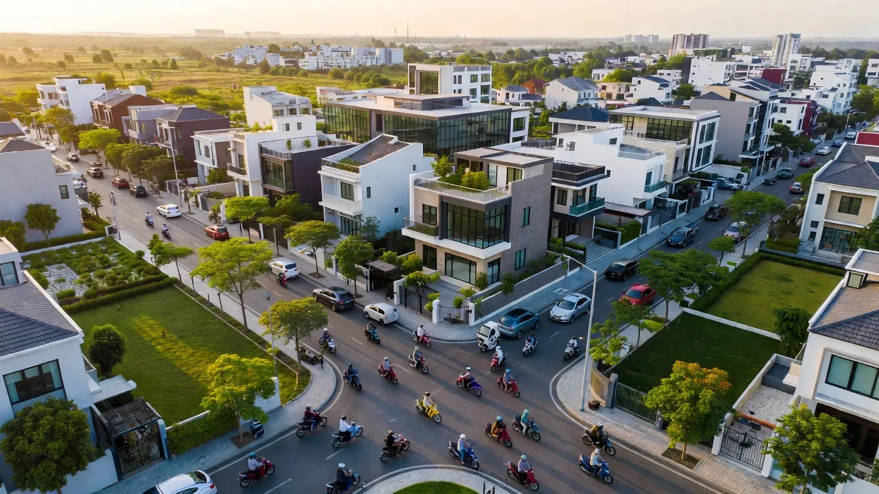 Khung cảnh Bà Điểm, Hóc Môn với các con đường và nhà ở hiện đại, thể hiện đô thị hóa.