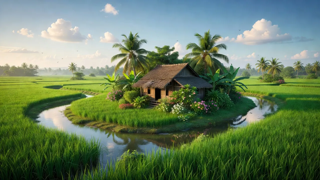 Phong cảnh Xã Nhị Bình, Huyện Hóc Môn, sông Sài Gòn, nhà truyền thống, cánh đồng xanh tươi.