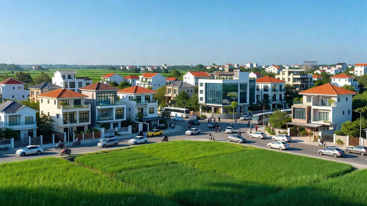 Cảnh quan xã Tân Thới Nhì, Huyện Hóc Môn, Thành phố Hồ Chí Minh, với cánh đồng và nhà ở hiện đại.