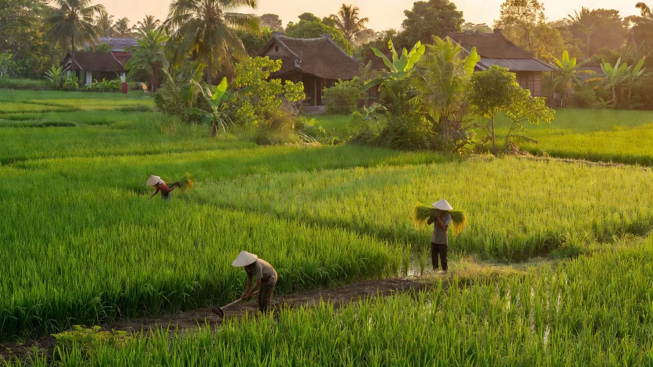Cảnh nông thôn yên bình ở Tân Xuân, Hóc Môn với cánh đồng xanh và nông dân làm việc.