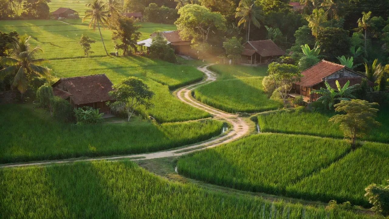 Phong cảnh nông thôn xã Tân Xuân, Hóc Môn, với ruộng và nhà cổ kính, ánh sáng tự nhiên.