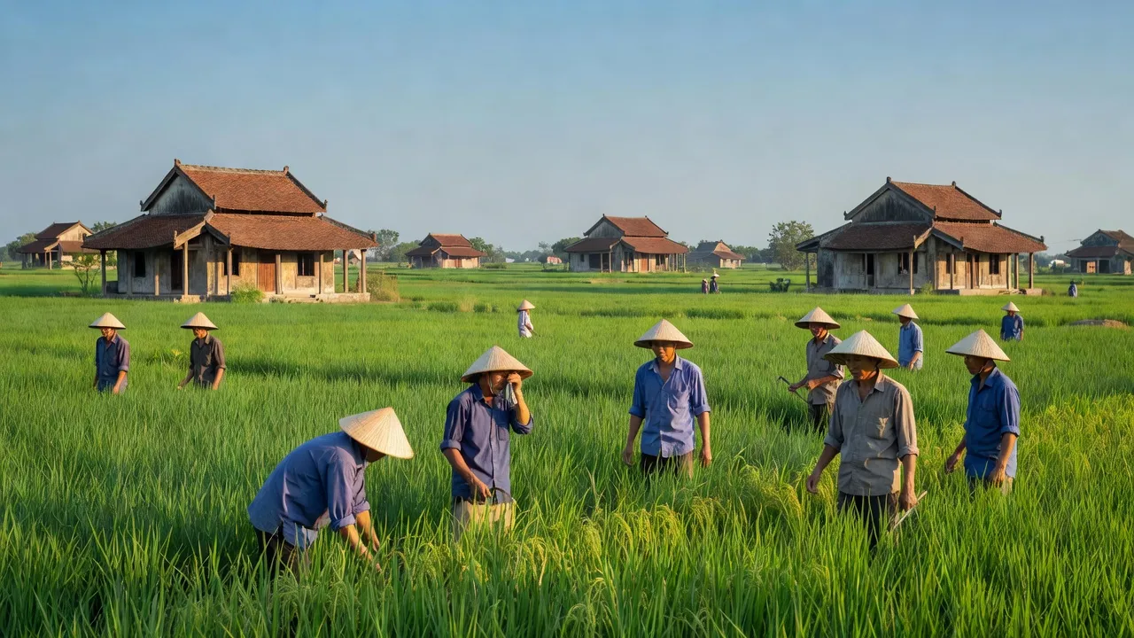 Cảnh quan yên bình xã Xuân Thới Đông, Hóc Môn với cánh đồng xanh, nhà truyền thống và người dân làm việc.