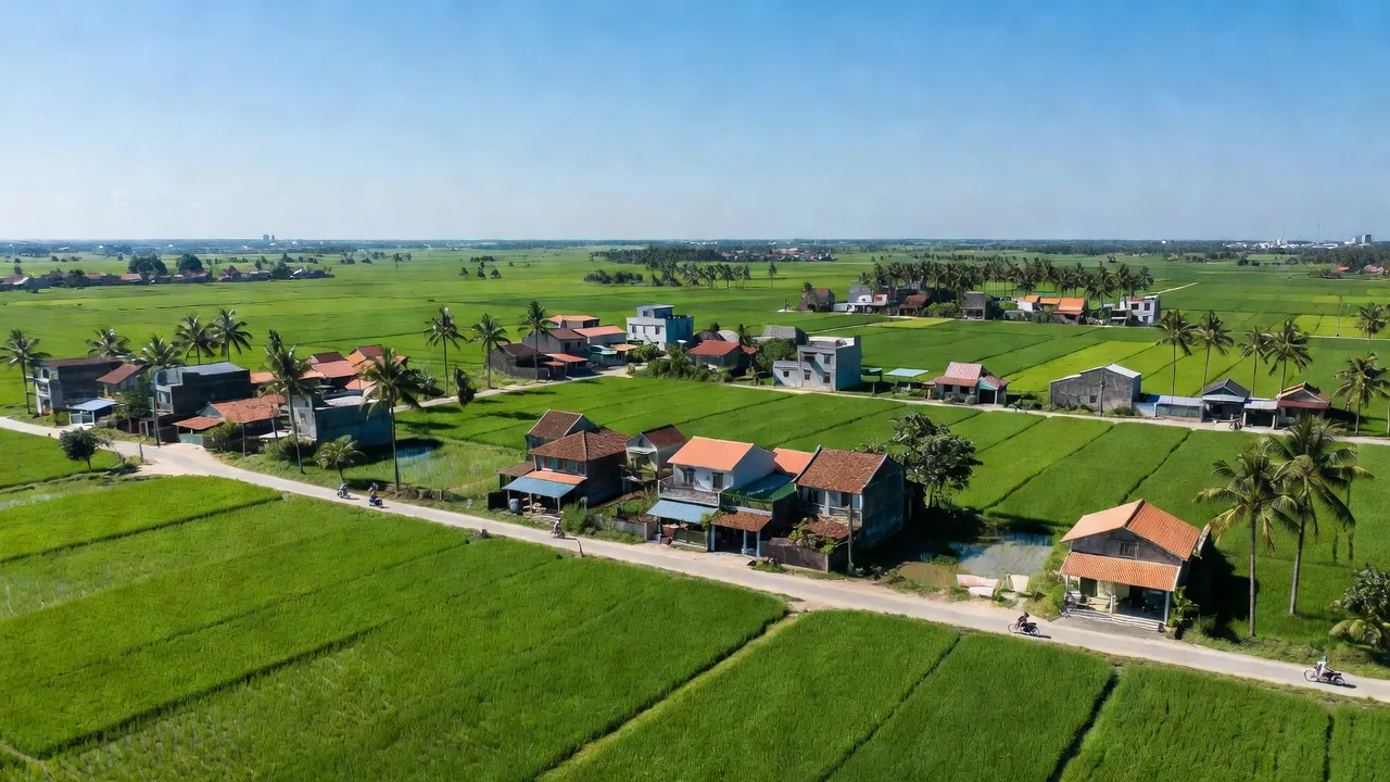 Xuân Thới Sơn in Hóc Môn, Ho Chi Minh City, features lush green fields and urban blend.