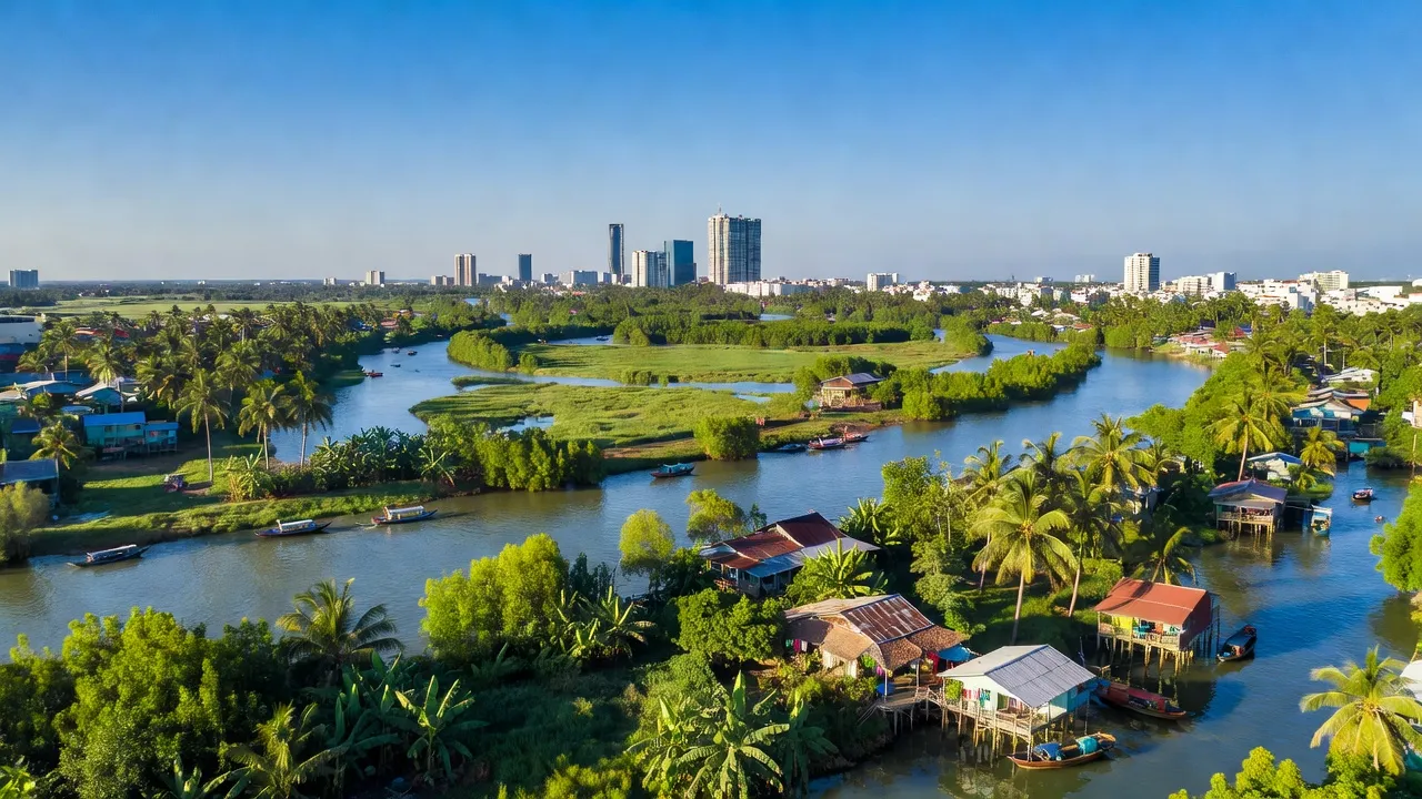 Khu vực huyện Nhà Bè, Thành phố Hồ Chí Minh với sông nước và phát triển đô thị, Việt Nam.