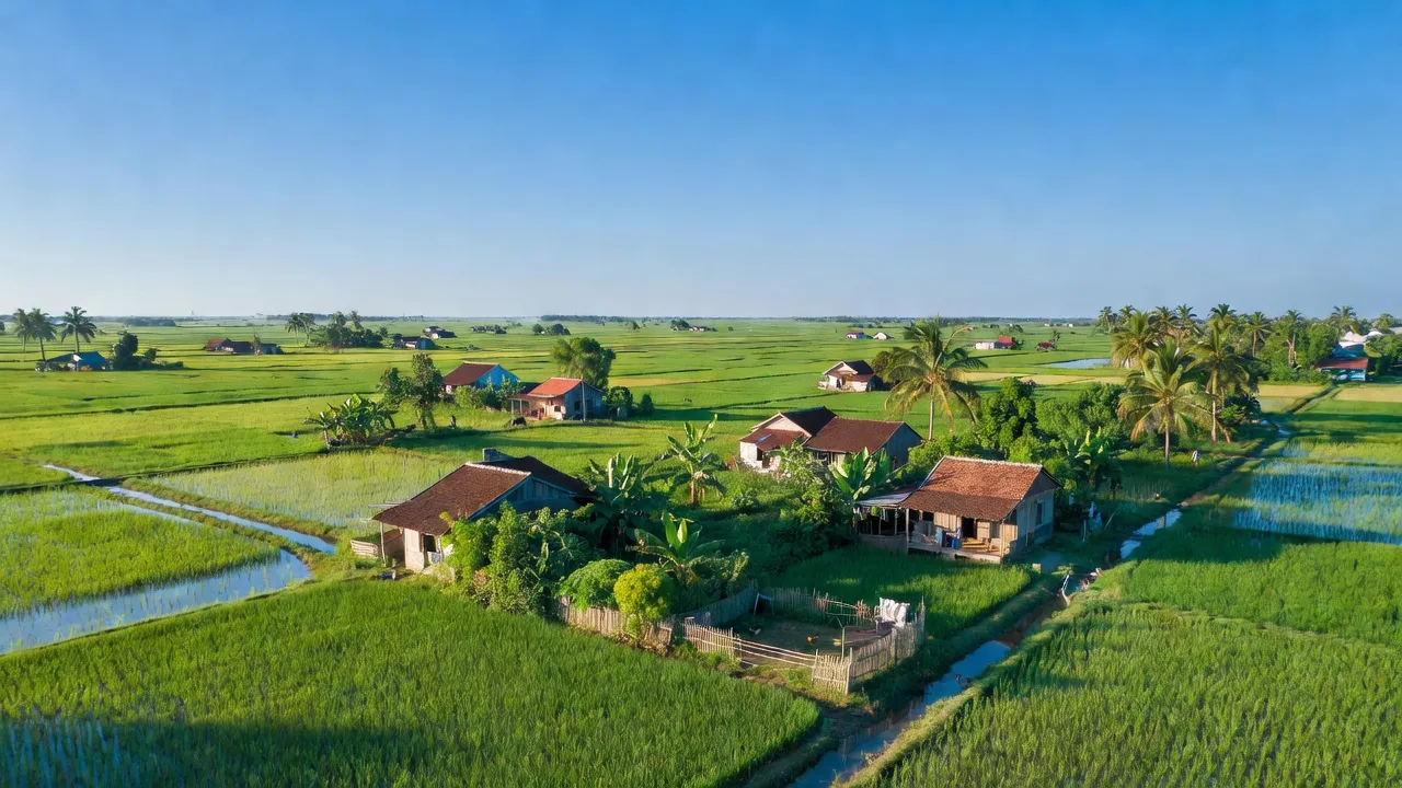 Cảnh quan xã Phú Xuân, huyện Nhà Bè, Thành phố Hồ Chí Minh với cành đồng xanh và trời trong.
