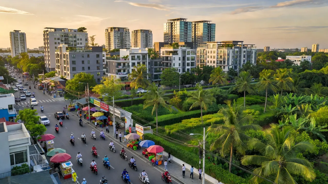 Khung cảnh xã Phước Kiển, huyện Nhà Bè với phát triển đô thị và cảnh quan xanh tươi.