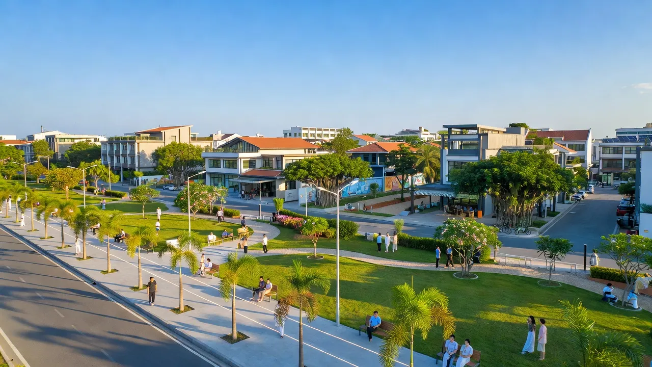Quang cảnh xã Phước Lộc, huyện Nhà Bè với cơ sở hạ tầng hiện đại và không gian xanh. Phuoc Loc Commune scenery with modern infrastructure.