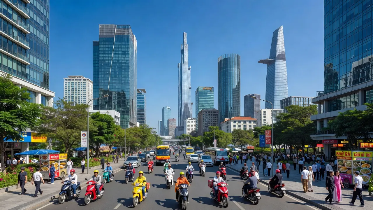 Quận 1 Thành phố Hồ Chí Minh, thành phố năng động với tòa nhà hiện đại và cuộc sống hối hả.