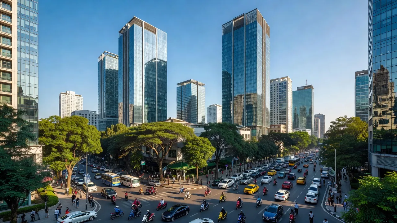 Quận 1, Thành phố Hồ Chí Minh với tòa nhà cao tầng, nhịp sống đô thị sôi động và cây xanh.