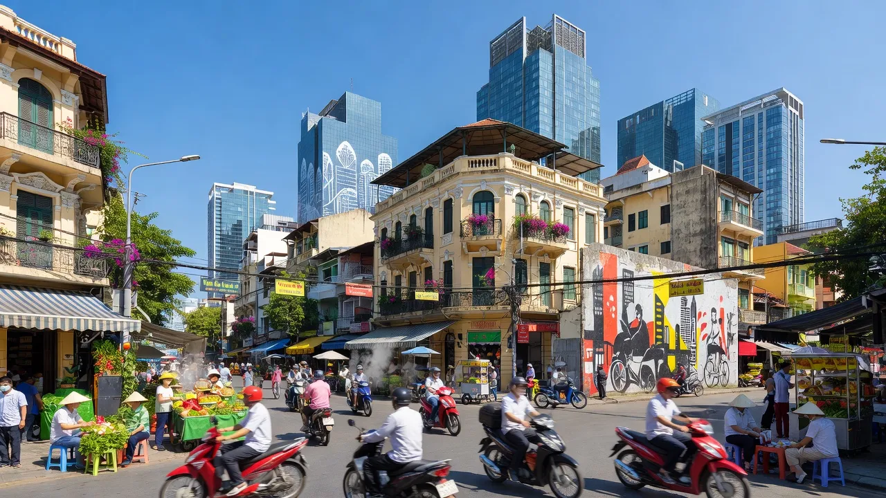Phường Bến Nghé in Quận 1, Thành phố Hồ Chí Minh, highlighting vibrant street life and historical buildings.