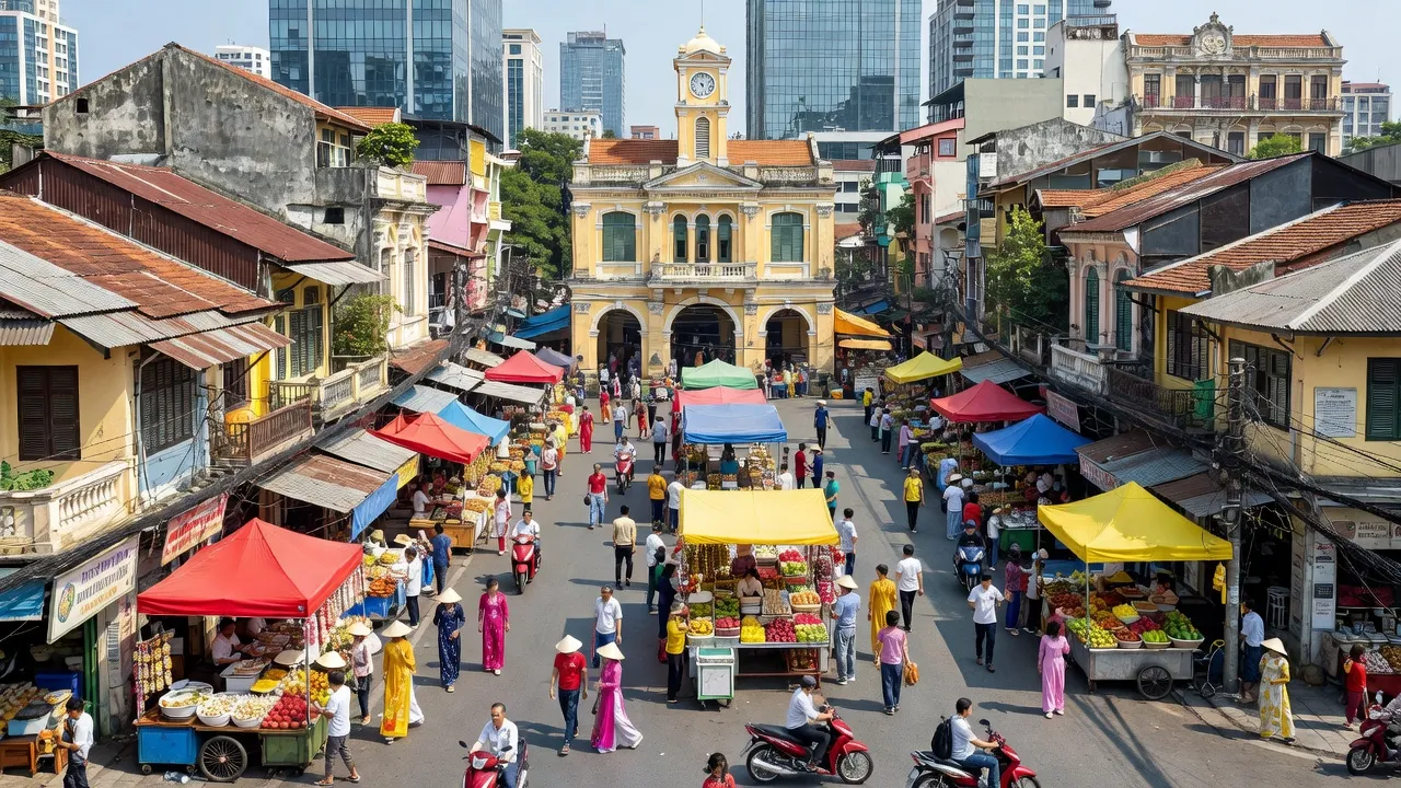 Khung cảnh sầm uất tại phường Bến Thành, Quận 1, Thành phố Hồ Chí Minh với kiến trúc lịch sử.