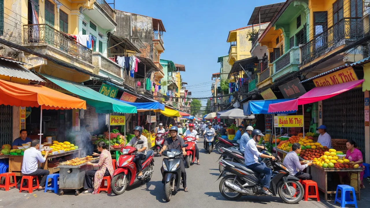 Cảnh phố nhộn nhịp tại Phường Cầu Ông Lãnh, Quận 1, với kiến trúc và thị trường địa phương.