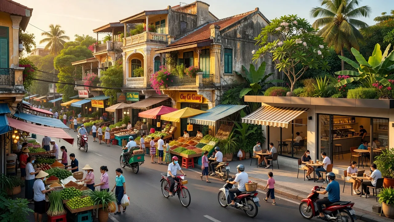 Cảnh phố nhộn nhịp tại Phường Cô Giang, Quận 1, Thành phố Hồ Chí Minh với người dân và quán cà phê.