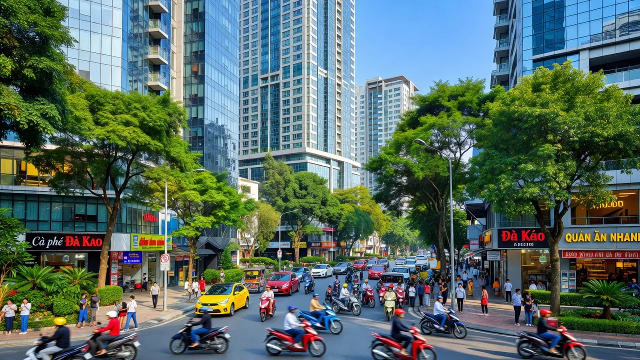 Phường Đa Kao, Quận 1, Hồ Chí Minh với tòa nhà, cây xanh và con phố sầm uất.